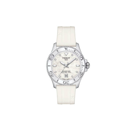 Reloj Tissot Seastar 1000 T120.210.17.116.00. Género: Mujer. Material: Acero. Tamaño: De 32mm a 38mm. Correa: Silicona. Color esfera: Blanco. Estilo: Deportivo. Movimiento: Cuarzo. Características técnicas: Hora y segundero,Calendario