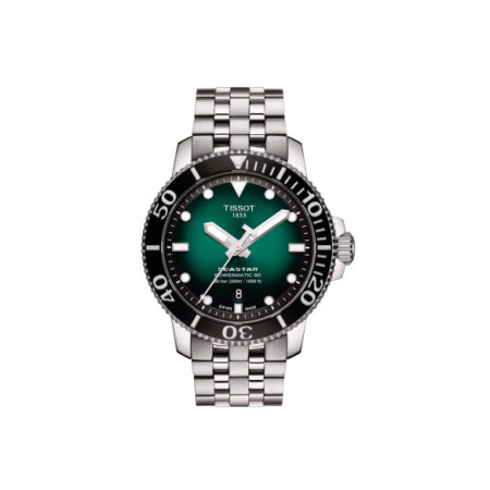 Reloj Tissot Seastar 1000 Powermatic 80 T120.407.11.091.01. Género: Hombre. Material: Acero,Cerámica. Tamaño: De 43mm a 46mm. Correa: Acero. Color esfera: Verde. Estilo: Deportivo. Movimiento: Automático. Características técnicas: Hora y segundero,Reserva de marcha