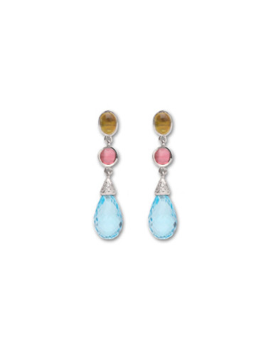 Pendientes Oro Blanco, Turmalinas, Diamantes Y Topacio