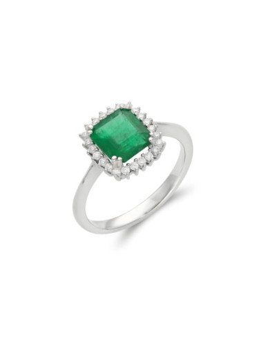 Anillo Oro Blanco, Esmeralda Y Diamantes
