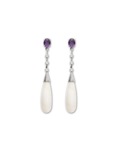 Pendientes Oro Blanco, Amatista, Diamantes Y Coral