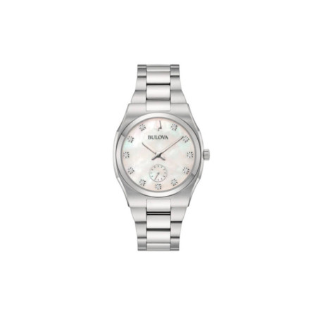 Reloj Bulova Surveyor Lady 34MM 96P242. Género: Mujer. Material: Acero. Tamaño: De 32mm a 38mm. Correa: Acero. Color esfera: Nácar. Estilo: Cocktail. Movimiento: Cuarzo. Características técnicas: Hora y segundero