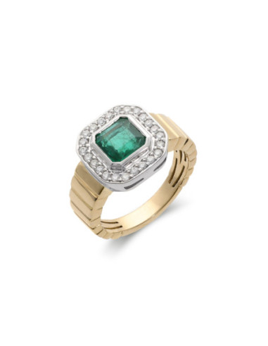 Anillo Oro Amarillo-Blanco, Esmeralda Y Diamantes