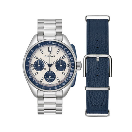 Reloj Bulova Lunar Pilot 98K112. Género: Hombre. Material: Acero. Tamaño: De 43mm a 46mm. Correa: Acero. Color esfera: Blanco. Estilo: Casual. Movimiento: Cuarzo. Características técnicas: Hora y segundero,Cronógrafo