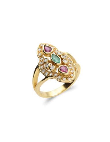 Anillo Oro Amarillo, Esmeralda, Rubíes Y Diamantes