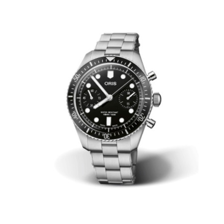 Reloj Oris Divers Sixty-Five Chronograph 01 771 7791 4054-07 8 20 18. Género: Hombre. Material: Acero. Tamaño: De 39mm a 42mm. Correa: Piel. Color esfera: Negro. Estilo: Casual,Cocktail. Movimiento: Automático. Características técnicas: Hora y segundero,Cronógrafo,Reserva de marcha