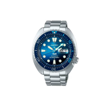 Reloj Seiko Prospex Divers PADI King Turtle SRPK01K1. Género: Hombre. Material: Acero. Tamaño: De 43mm a 46mm. Correa: Acero. Color esfera: Azul. Estilo: Casual,Deportivo. Movimiento: Automático. Características técnicas: Hora y segundero,Calendario,Reserva de marcha