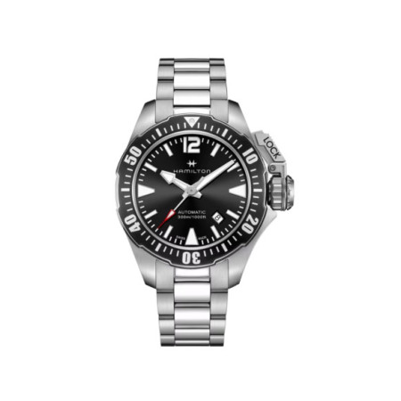 Reloj Hamilton Khaki Navy Frogman Auto H77605135. Género: Hombre. Material: Acero. Tamaño: De 39mm a 42mm. Correa: Acero. Color esfera: Negro. Estilo: Deportivo. Movimiento: Automático. Características técnicas: Hora y segundero,Calendario,Reserva de marcha