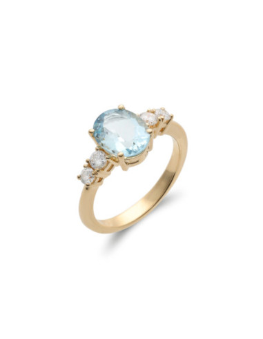 Anillo Oro Amarillo, Aguamarina Y Diamantes