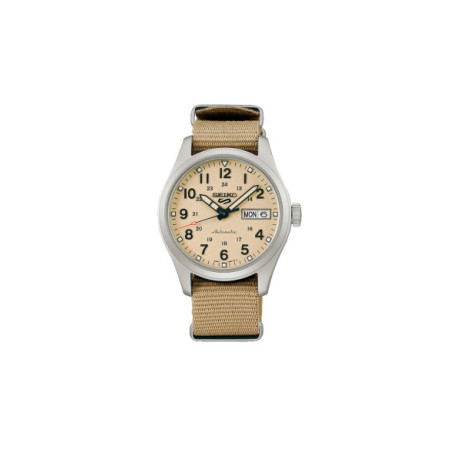 Reloj Seiko 5 Sports Field SRPJ83K1. Género: Hombre. Material: Acero. Tamaño: De 32mm a 38mm. Correa: Otros. Color esfera: Beige. Estilo: Casual. Movimiento: Automático. Características técnicas: Hora y segundero,Calendario,Reserva de marcha