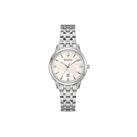 Reloj Bulova Sutton Lady 96P233. Género: Mujer. Material: Acero. Tamaño: Menos de 32mm. Correa: Acero. Color esfera: Nácar. Estilo: Clásico,Cocktail. Movimiento: Cuarzo. Características técnicas: Hora y segundero,Calendario