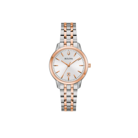 Reloj Bulova Sutton Lady 98M137. Género: Mujer. Material: Acero/Oro. Tamaño: Menos de 32mm. Correa: Acero. Color esfera: Blanco. Estilo: Clásico,Cocktail. Movimiento: Cuarzo. Características técnicas: Hora y segundero,Calendario