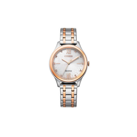 Reloj Citizen Lady EM0506-77A. Género: Mujer. Material: Acero/Oro. Tamaño: De 32mm a 38mm. Correa: Acero. Color esfera: Blanco. Estilo: Clásico,Cocktail. Movimiento: Eco Drive. Características técnicas: Hora y segundero,Reserva de marcha