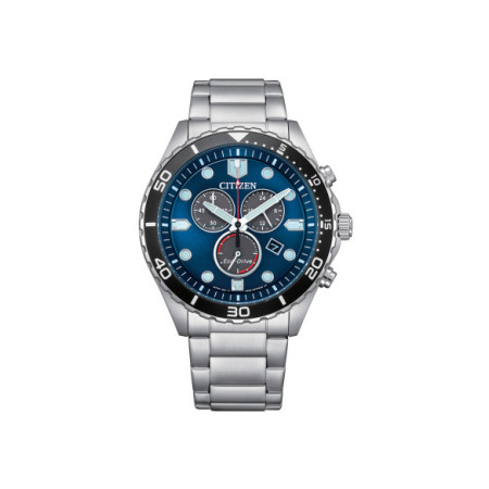 Reloj Citizen Chrono Sporty-Aqua AT2560-84L. Género: Hombre. Material: Acero. Tamaño: De 43mm a 46mm. Correa: Acero. Color esfera: Azul. Estilo: Casual,Deportivo. Movimiento: Eco Drive. Características técnicas: Hora y segundero,Calendario,Reserva de marcha