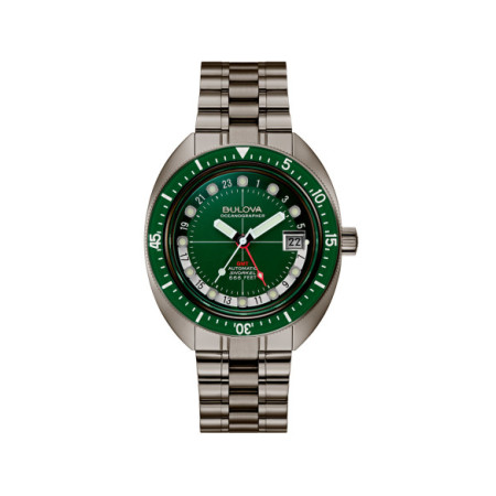 Reloj Bulova Oceanographer GMT 98B415. Género: Hombre. Material: Acero. Tamaño: De 39mm a 42mm. Correa: Acero. Color esfera: Verde. Estilo: Casual,Deportivo. Movimiento: Automático. Características técnicas: Hora y segundero,Calendario