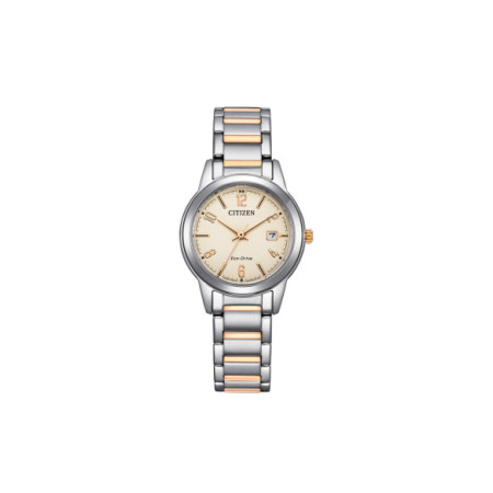 Reloj Citizen Lady FE1244-72A. Género: Mujer. Material: Acero. Tamaño: Menos de 32mm. Correa: Acero. Color esfera: Beige. Estilo: Clásico,Cocktail. Movimiento: Eco Drive. Características técnicas: Hora y segundero,Calendario,Reserva de marcha