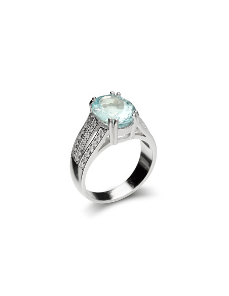 Anillo Oro Blanco, Aguamarina Y Diamantes
