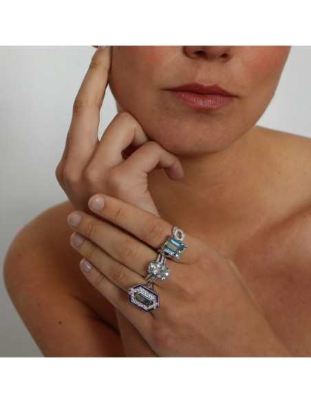 Anillo Oro Blanco, Aguamarina Y Diamantes