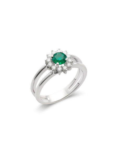 Anillo Oro Blanco, Esmeralda Y Diamantes
