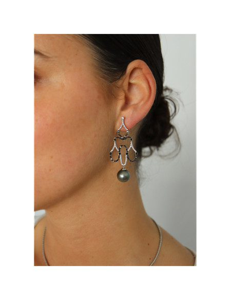 Pendientes Oro Blanco, Diamantes Y Perla