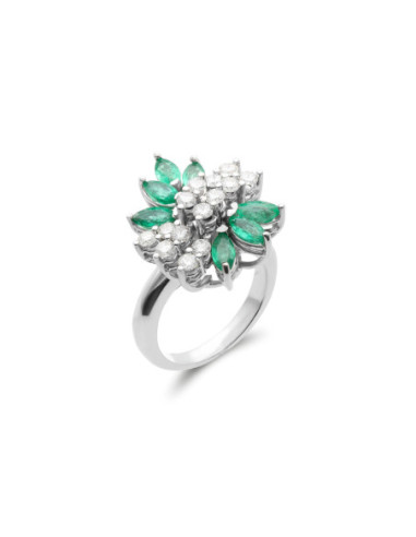 Anillo Oro Blanco, Esmeraldas Y Diamantes