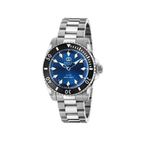 Reloj Gucci Dive YA136362. Género: Hombre. Material: Acero,Cerámica. Tamaño: De 39mm a 42mm. Correa: Acero. Color esfera: Azul. Estilo: Deportivo. Movimiento: Automático. Características técnicas: Hora y segundero,Reserva de marcha