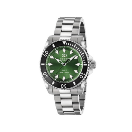 Reloj Gucci Dive YA136363. Género: Hombre. Material: Acero,Cerámica. Tamaño: De 39mm a 42mm. Correa: Acero. Color esfera: Verde. Estilo: Deportivo. Movimiento: Automático. Características técnicas: Hora y segundero,Reserva de marcha
