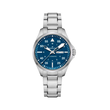 Reloj Hamilton Khaki Aviation Pilot Day Date Auto H64635140. Género: Hombre. Material: Acero. Tamaño: De 39mm a 42mm. Correa: Acero. Color esfera: Azul. Estilo: Deportivo. Movimiento: Automático. Características técnicas: Hora y segundero,Calendario,Reserva de marcha