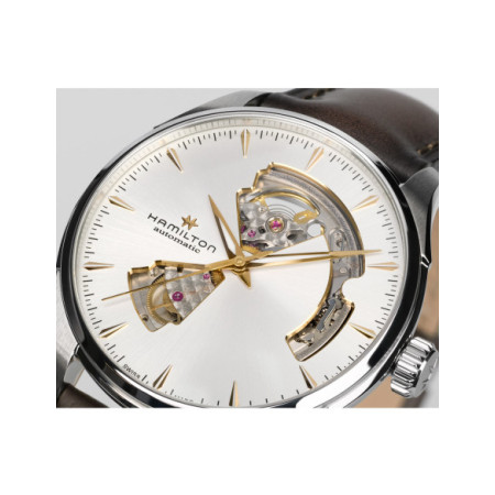 Reloj Hamilton Jazzmaster Open Heart Auto H32675551. Género: Hombre. Material: Acero. Tamaño: De 39mm a 42mm. Correa: Piel. Color esfera: Plata. Estilo: Casual. Movimiento: Automático. Características técnicas: Hora y segundero,Reserva de marcha