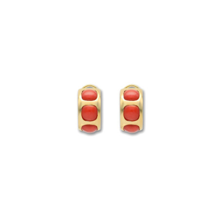 Argollas Oro Amarillo Y Coral. Género: Mujer. Material: Oro amarillo. Piedras: Coral