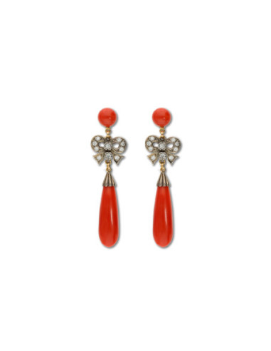 Pendientes Plata-Oro, Diamantes Y Coral