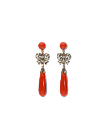 Pendientes Plata-Oro, Diamantes Y Coral