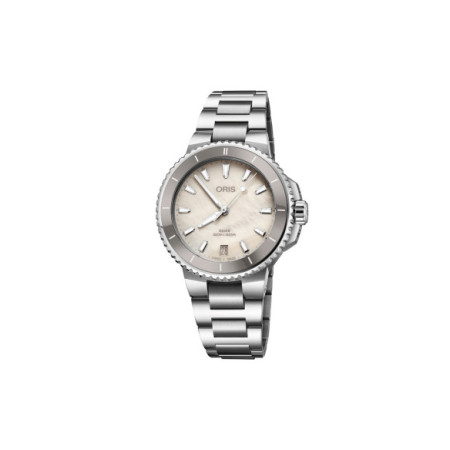 Reloj Oris Aquis Date 01 733 7792 4151-07 8 19 05P. Género: Mujer. Material: Acero. Tamaño: De 32mm a 38mm. Correa: Acero. Color esfera: Nácar. Estilo: Clásico,Deportivo,Cocktail. Movimiento: Automático. Características técnicas: Hora y segundero,Calendario,Reserva de marcha