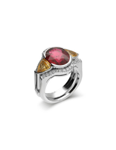 Anillo Oro Blanco, Turmalina, Diamantes Y Citrino