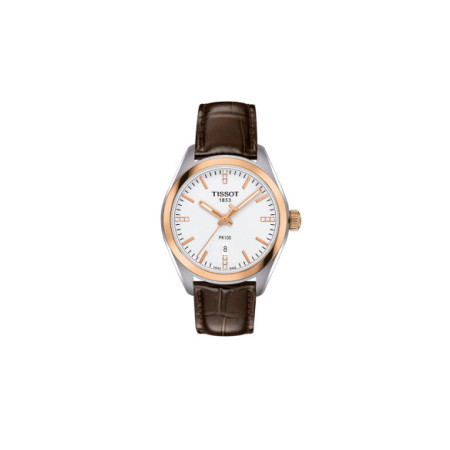 Reloj Tissot PR100 Lady T101.210.26.036.00. Género: Mujer. Material: Acero PVD Oro. Tamaño: De 32mm a 38mm. Correa: Piel. Color esfera: Blanco. Estilo: Clásico. Movimiento: Cuarzo. Características técnicas: Hora y segundero,Calendario