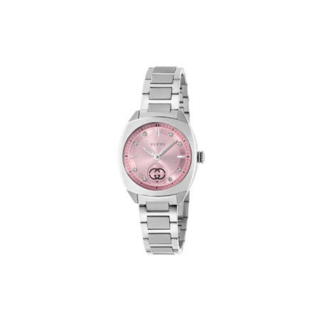 Reloj Gucci Interlocking YA142511. Género: Mujer. Material: Acero. Tamaño: Menos de 32mm. Correa: Acero. Color esfera: Rosa. Estilo: Clásico,Cocktail. Movimiento: Cuarzo. Características técnicas: Hora y segundero