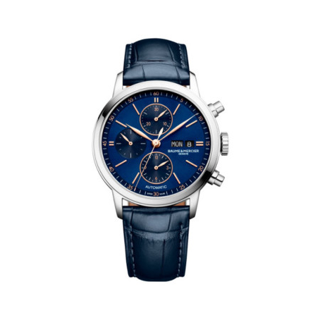Reloj Baume Et Mercier Classima M0A10784. Género: Hombre. Material: Acero. Tamaño: De 39mm a 42mm. Correa: Piel. Color esfera: Azul. Estilo: Cocktail,Clásico. Movimiento: Automático. Características técnicas: Hora y segundero,Calendario,Cronógrafo,Reserva de marcha