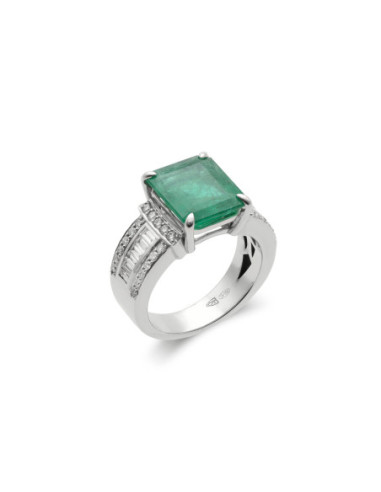 Anillo Oro Blanco, Esmeralda Y Diamantes