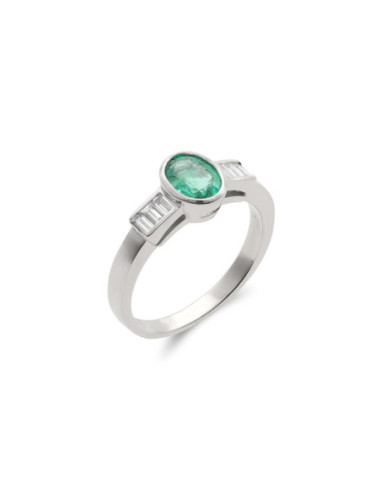 Anillo Oro Blanco, Esmeralda Y Diamantes