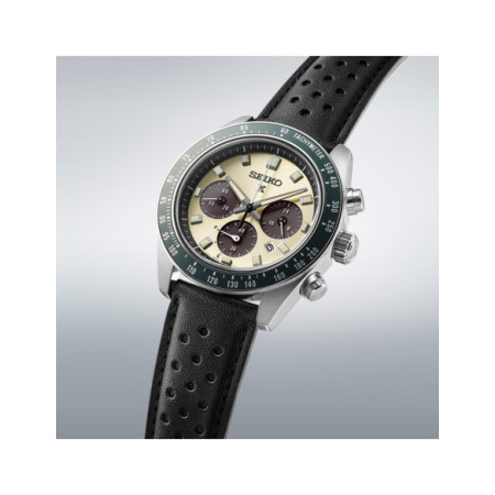 Reloj Seiko Prospex Speedtimer SSC943P1. Género: Hombre. Material: Acero. Tamaño: De 39mm a 42mm. Correa: Piel. Color esfera: Marfil. Estilo: Cocktail,Casual. Movimiento: Solar. Características técnicas: Hora y segundero,Calendario,Reserva de marcha,Cronógrafo