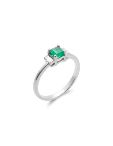Anillo Oro Blanco, Esmeralda Y Diamantes
