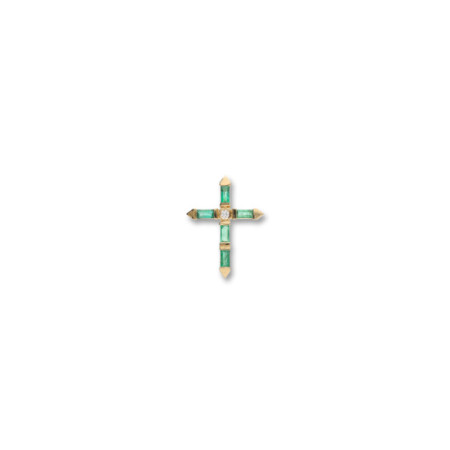 Cruz Oro Amarillo, Diamante Y Esmeraldas. Género: Mujer. Material: Oro amarillo. Piedras: Diamantes,Esmeraldas