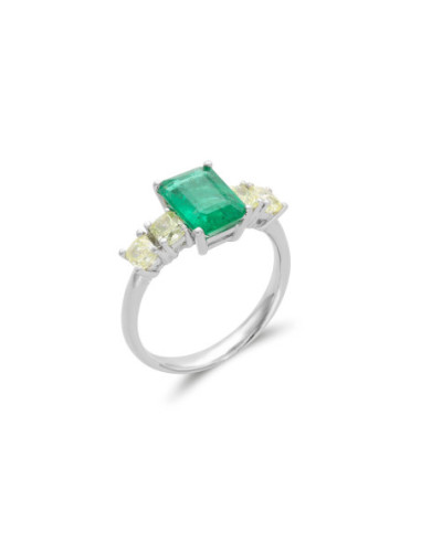 Anillo Oro Blanco, Esmeralda Y Diamantes