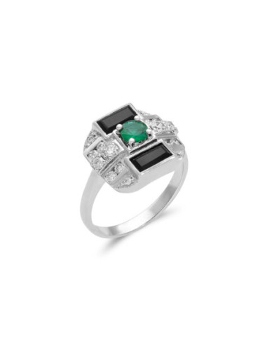 Anillo Oro Blanco, Esmeralda, Ónix Y Diamantes