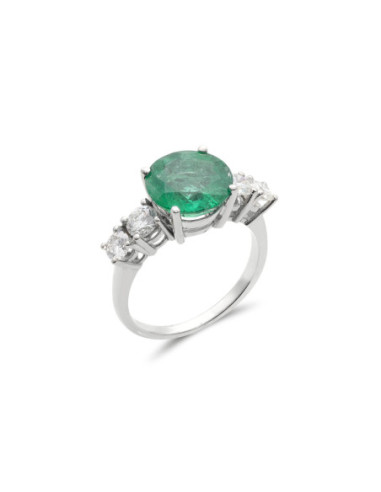 Anillo Oro Blanco, Esmeralda Y Diamantes