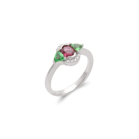 Anillo Oro Blanco, Rubí, Tsavoritas Y Diamantes. Género: Mujer. Material: Oro blanco. Piedras: Diamantes,Rubies,Tsavorita