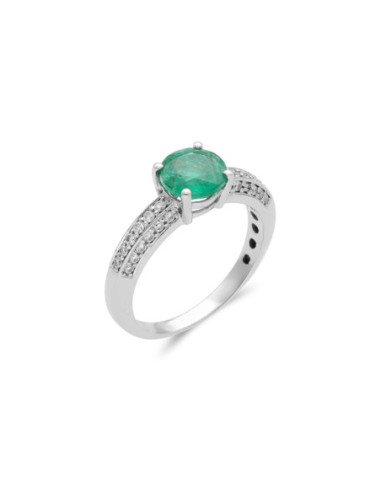 Anillo Oro Blanco, Esmeralda Y Diamantes