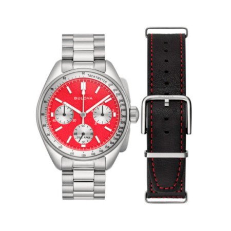Reloj Bulova Lunar Pilot 96K115. Género: Hombre. Material: Acero. Tamaño: De 43mm a 46mm. Correa: Acero. Color esfera: Rojo. Estilo: Casual. Movimiento: Cuarzo. Características técnicas: Hora y segundero,Cronógrafo