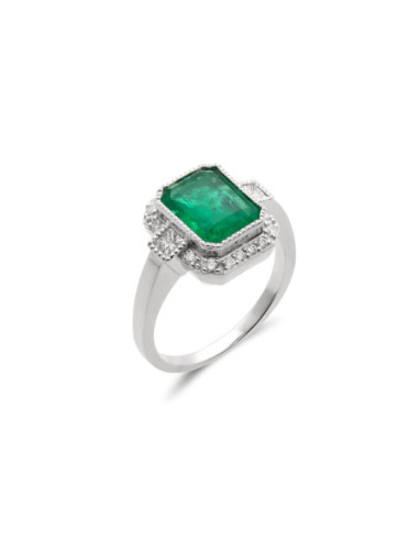 Anillo Oro Blanco, Esmeralda Y Diamantes