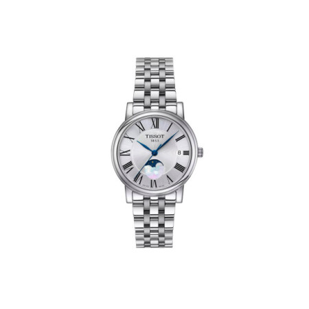 Reloj Tissot Carson Premium Lady Moonphase T122.223.11.033.00. Género: Mujer. Material: Acero. Tamaño: De 32mm a 38mm. Correa: Acero. Color esfera: Plata. Estilo: Clásico. Movimiento: Cuarzo. Características técnicas: Hora y segundero,Calendario
